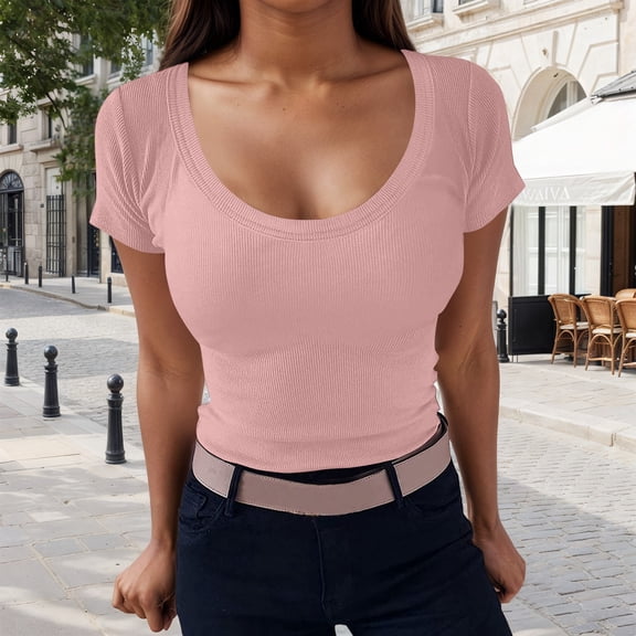 TIANZEN Women's Basic Round Neck Short Sleeve T Shirt Casual Comfortable Stretch Ribbed Knit Top For Daily Spring Summer Yoga Shirts Women Teen T Shirt Women Workout Shirt