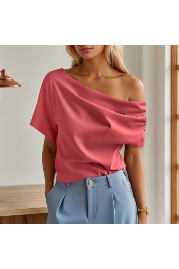 Women's Basic T Shirt Off Shoulder Ruffled Short Sleeve Blouse Top For Daily Wear Versatile Outfit All Womens Short Sleeve Tops Loose Fit Loose Fit Womens Summer Shirts Womens Active