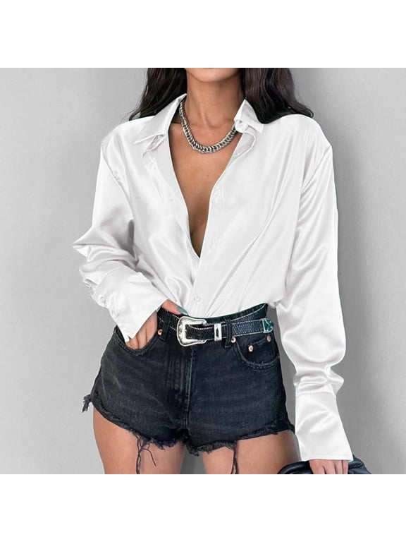 Women's Blouse Satin Silk Shirt Button Down Shirt Casual Loose Long Sleeve Work Long Edition Blouse Womens Knit Shirts Button down Shirts for Women Shirts for Women Casual Summer