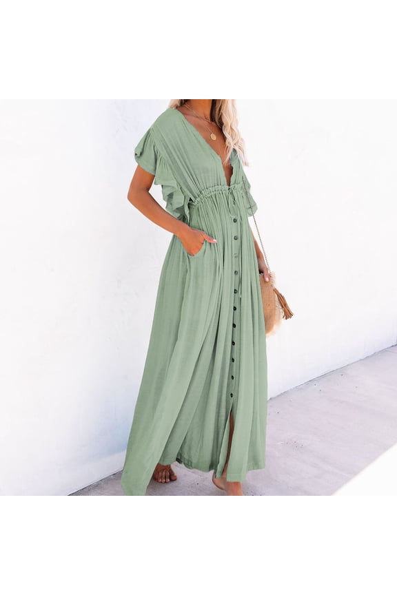 Women's Button Button Waist Rope Long Dress Cardigan Beach Jacket Sunscreen Jacket Long Skirt Bikini Women Swim Cover up Womens Bathing Suit Cover up Dress Sheer Bathing Suit Cover up