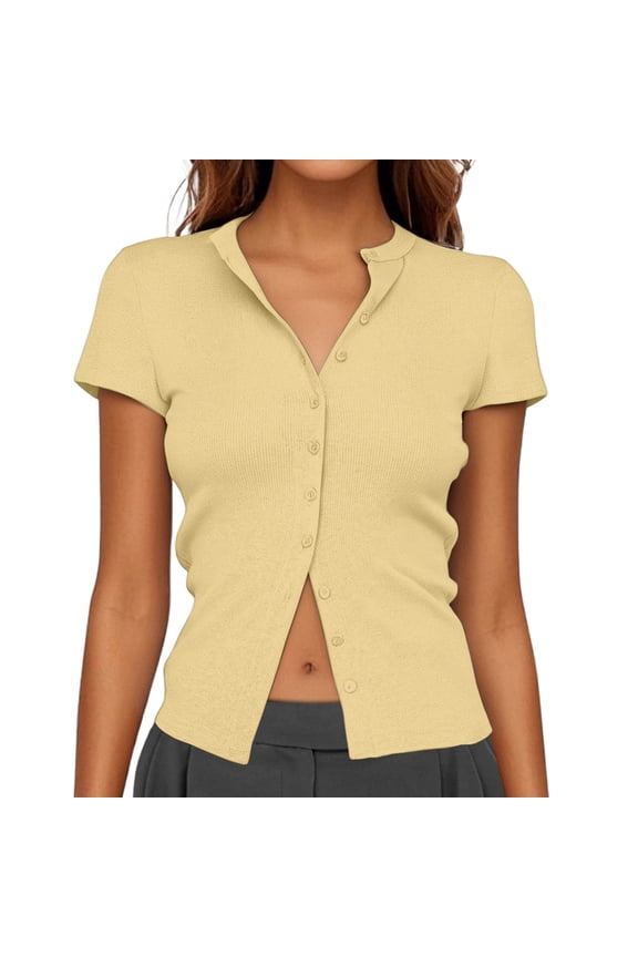 Women's Button Up Ribbed Short Sleeve Cardigan Pure Color T Shirt Womens Construction Shirts Teacher Shirts for Women Oversized T Shirts