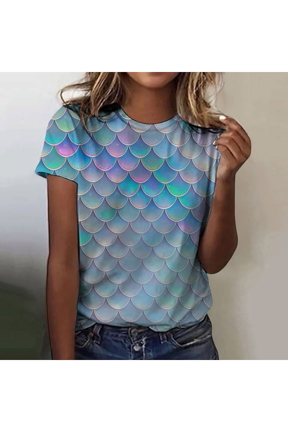 Women's Casual All Over Scale Print Crew Neck T Shirt Summer Tops for Women Short Sleeve
