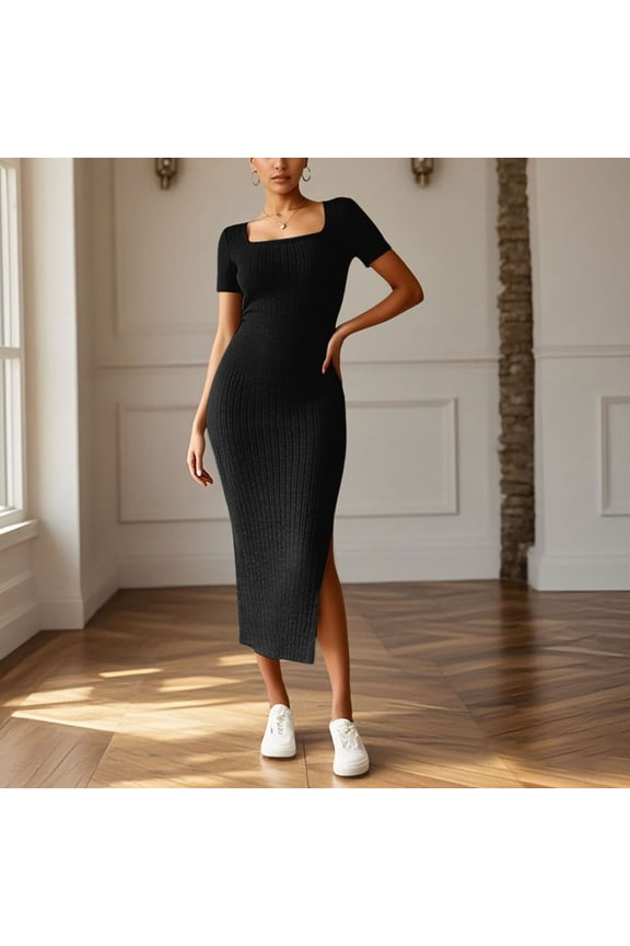 Women's Casual Dresses For Spring And Summer Elegant Square Neck Solid Color Design Versatile For Everyday Wear Causal Dresses for Women Ladies Knee Length Dresses Summer Mini Dress