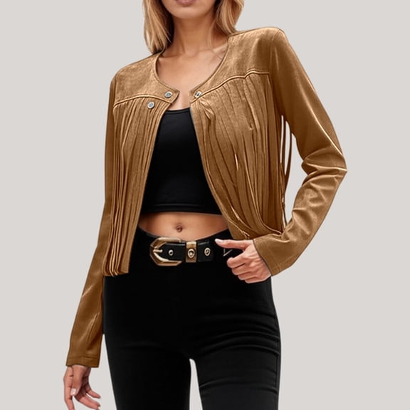 TIANZEN Women's Casual Jackets Stylish And Versatile Long Sleeve Tops With Fringe Detailing For Everyday Wear Jackets for Women Work Casual Oversize Jean Jacket Women Tan Fall Jacket for Women