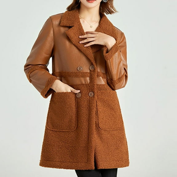 TIANZEN Women's Casual Jackets Versatile Reversible And PU Leather Combo For Everyday Use In Autumn Women Turtleneck Hoodies Jacket Long Sleeve Casual Womens Winter Vests Outerwear Wool Jacket Women