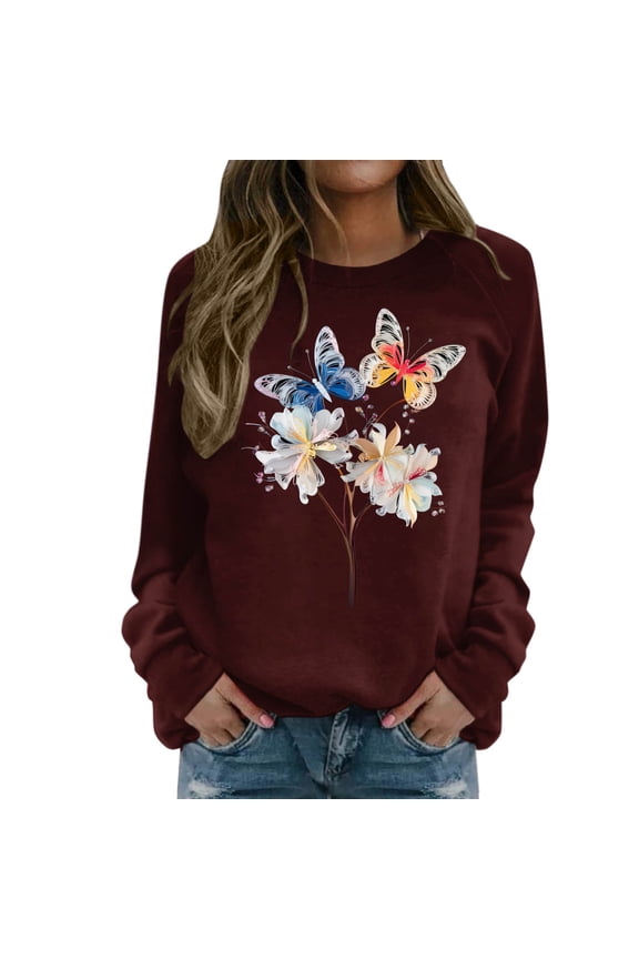 Women's Casual Round Neck Raglan Long Sleeved Colorful Feather Print Pullover Sweatshirt Sweater Graphic Hoodie Women Pullover Cute Fashion Top Ladies Warm Hoodies