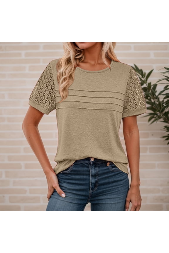 Women's Casual Short Sleeve V Neck Lace Trim Blouse Summer Fashion Tops Soft Comfortable Breathable Loose Fit Tee Shirt Long Sleeve Shirt Women for Layering Medium Women Shirt