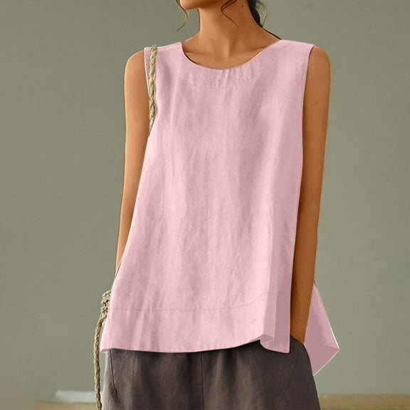 TIANZEN Women's Casual Sleeveless Tank Top Round Neck Loose Fit Solid Color Linen Blend Camisole Athletic Crop Tops for Women Women Top Satin Top