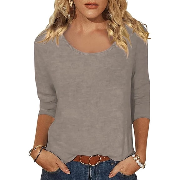 TIANZEN Women's Casual Solid Color Print Neck Low Cut 3/4 Sleeve T Shirt Top Long Sleeve Polyester Shirt Women Womens Compression T Shirt Workout Shirt Womens