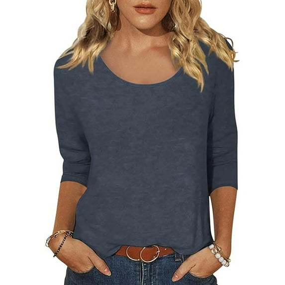 TIANZEN Women's Casual Solid Color Print Neck Low Cut 3/4 Sleeve T Shirt Top Long Sleeve Polyester Shirt Women Womens Compression T Shirt Workout Shirt Womens