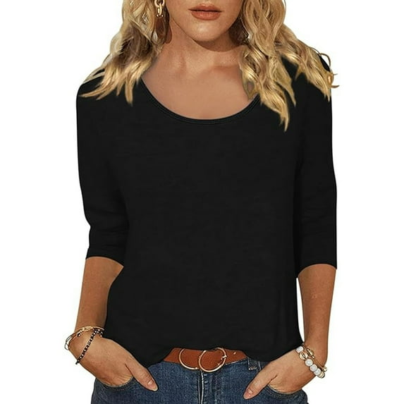 TIANZEN Women's Casual Solid Color Print Neck Low Cut 3/4 Sleeve T Shirt Top Long Sleeve Polyester Shirt Women Womens Compression T Shirt Workout Shirt Womens