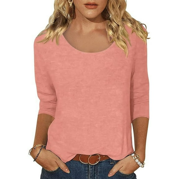 TIANZEN Women's Casual Solid Color Print Neck Low Cut 3/4 Sleeve T Shirt Top Long Sleeve Polyester Shirt Women Womens Compression T Shirt Workout Shirt Womens