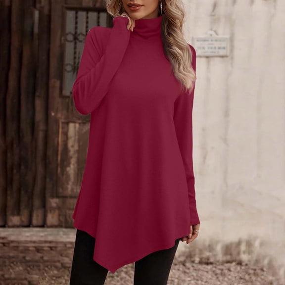 TIANZEN Women's Casual Solid Long Sleeve High Neck Pullover Sweatshirt Irregular Hem Athletic T Shirt Ladies Football Shirts Short Sleeve T Shirt