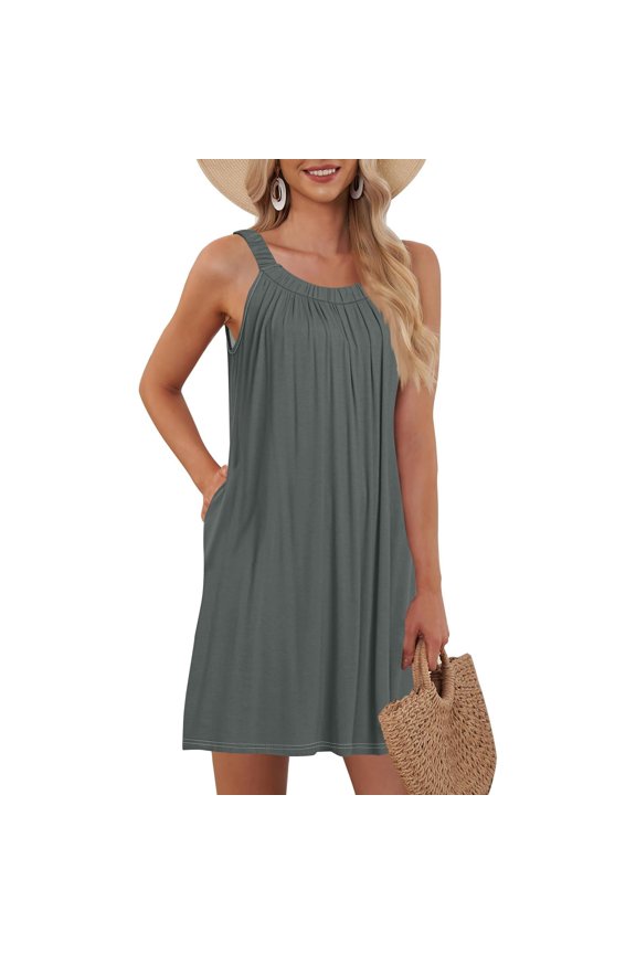 Women's Casual Summer Dress Relaxed Fit Beach Mini Dress With Pockets Front Pleats Everyday Wear Basic Outfit Casual Maxi Dresses for Women Summer Women Dressers Dresses for Summer