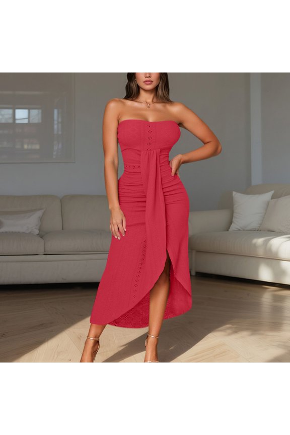 Women's Casual Summer Dress Sleeveless Strapless Solid Color Tunic Beach Outfit With Leggings Comfortable Breathable Flowy Lined Midi Dress Long Dress Women Dressers