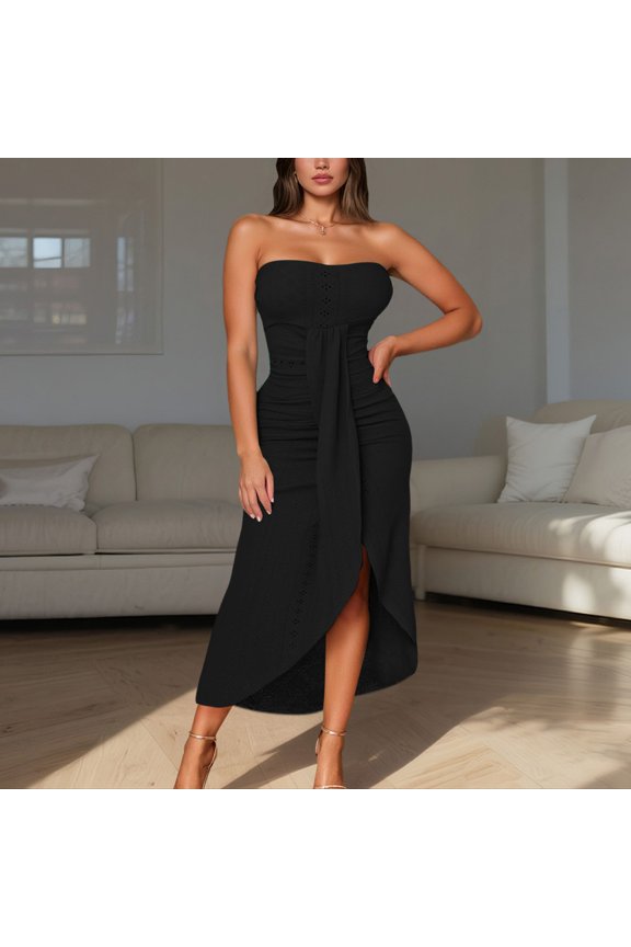 Women's Casual Summer Dress Sleeveless Strapless Solid Color Tunic Beach Outfit With Leggings Comfortable Breathable Flowy Lined Midi Dress Long Dress Women Dressers