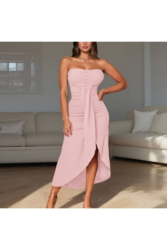 Women's Casual Summer Dress Sleeveless Strapless Solid Color Tunic Beach Outfit With Leggings Comfortable Breathable Flowy Lined Midi Dress Long Dress Women Dressers