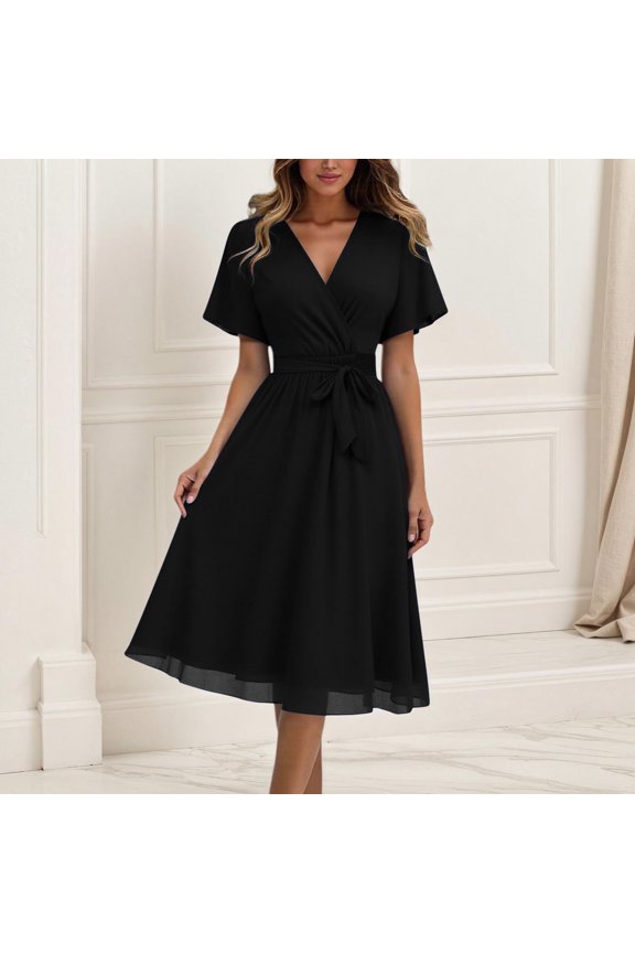 Women's Casual V Neck Belted Chiffon Dress For Daily Spring Summer Fall Elegant Tie Waist Flowy Dress Women Long Dresses Summer Womens Summer Dresses Cute Casual Dresses for Women