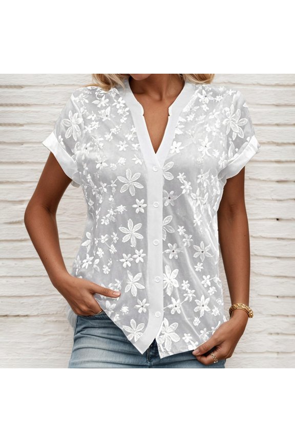 Women's Casual V Neck Blouse Floral Jacquard Top Summer Loose Fit Shirt For Daily Wear Outfits With Jeans Skirts Short Sleeves Top Oversize T Shirts for Women Tunic