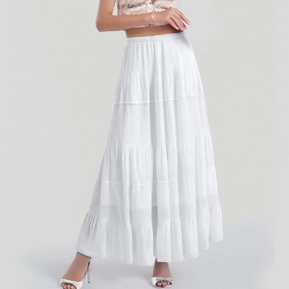 TIANZEN Women's Chiffon White Flowy Maxi Skirts Boho Summer Elastic Waisted Pleated A Line Long Skirt For Women Pleated Skirt Girls Skirts for Women Midi Length Skirt Belt