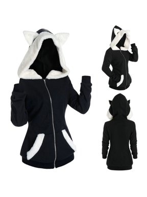 Women's Color Patchwork Fuzzy Cat Ears Hooded Sweater Lightweight Zip up Hoodie Women