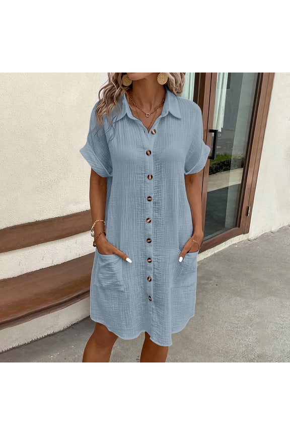 Women's Comfortable Casual Solid Color Button Mid Length Short Sleeve Loose Shirt Casual Dress Women S Summer Dress Womens Long Summer Dresses Casual Long Sleeve Fall Dresses for Women