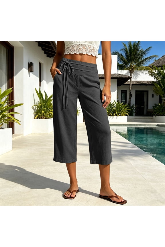 Women's Effortless Casual Wide Leg Cropped Pants For With And Pockets – Soft Solid Knit Everyday Comfort Travel Pants for Women