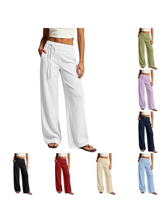 Women's Elegant High Wlex Pleated Wide Leg Pants For Casual Everyday Wear Flat Front Elastic Waist Breathable Easy Comfort Peg Pants with Tie