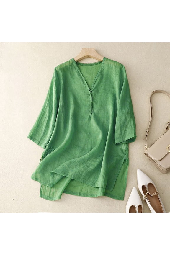 Women's Embroidered And Linen Shirt Spring And Summer Light Ethnic Style V Neck Top Women V Neck Short Sleeves Top Womens Sleep Shirt