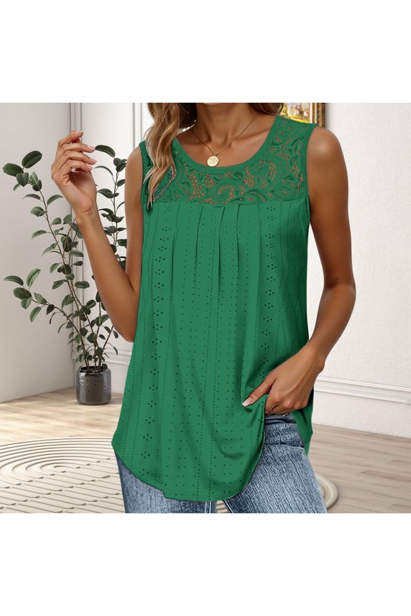 Women's Fashion Basic Round Neck Sleeveless T Shirt With Lace Cut Out Design For Casual Everyday Wear All Season Women Loose Tops Summer Polyester Long Sleeve Cheer Long Sleeve Shirt