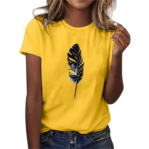 TIANZEN Women's Fashion Casual Spring/Summer Round Neck 3d Feather Print Short Sleeve T Shirt Top Women's Long Sleeve Compression Shirt Long Sleeve Woman T Shirt Short Sleeve