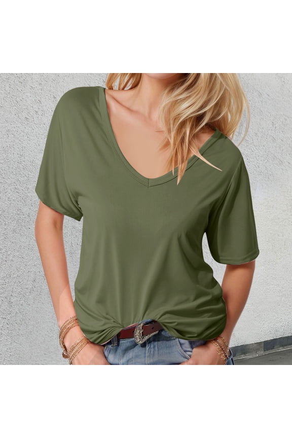 Women's Fashion Deep V Neck Top Solid Color Casual Loose Short Sleeve Women Summer T Shirts Short Sleeve Raglan Shirt Women Spandex Tee