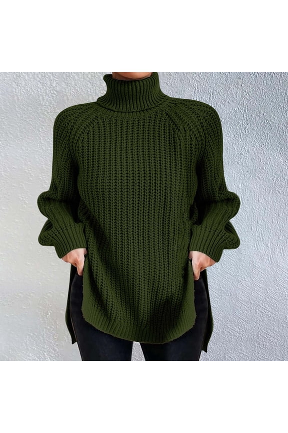 Women's Fashion High Neck Solid Color Pullover Knit Sweater With Split Hem And Sleeves Mens Quarter Colla Sweater Sweaters for Work Women