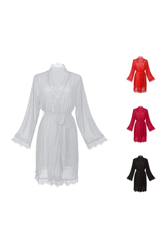 Women's Fashion Solid Color Mesh See Through Pajamas Robe Robe Long