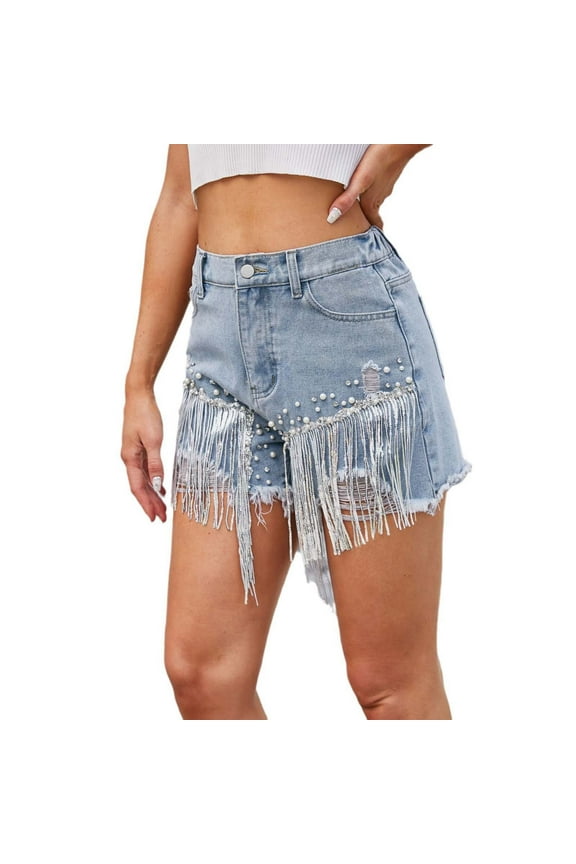 Women's Fashion Solid Color Wash Studded Denim Shorts Fringed Hot Pants Jeans Control Too Pants Women High Waist Pants Jean