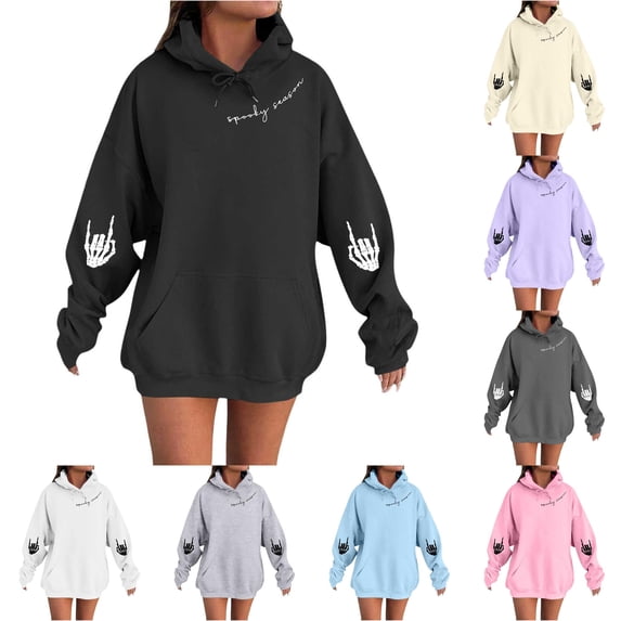TIANZEN Women's Halloween Hoodie Pullover Sweatshirt With Cute Pumpkin Print Skeleton Hands Cozy Fall Casual Fashion Winter Hoodie Women