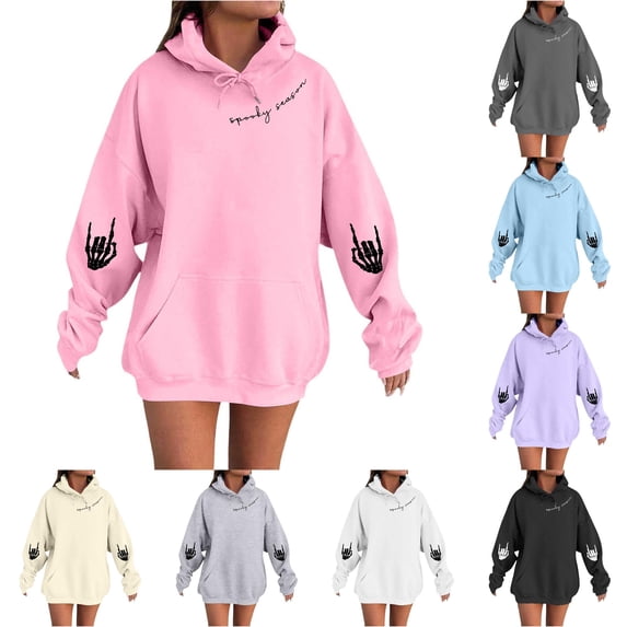 TIANZEN Women's Halloween Hoodie Pullover Sweatshirt With Cute Pumpkin Print Skeleton Hands Cozy Fall Casual Fashion Winter Hoodie Women