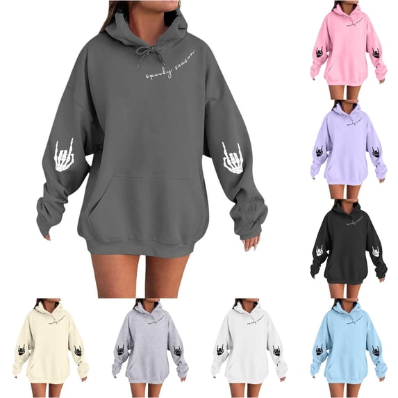 TIANZEN Women's Halloween Hoodie Pullover Sweatshirt With Cute Pumpkin Print Skeleton Hands Cozy Fall Casual Fashion Winter Hoodie Women