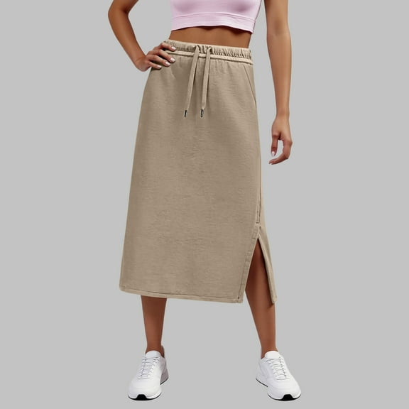 TIANZEN Women's High Waist Solid Color Casual Drawstring Side Slit Skater Skirt With Pockets Stretchy Comfortable A Line Mini Skirt Bohemian Skirt Fitted Bed Skirt Chain Skirt