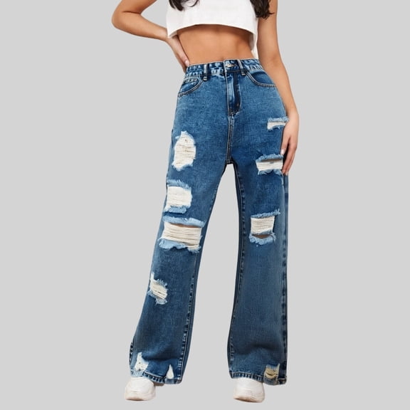 TIANZEN Women's High Waist Straight Leg Jeans Distressed Denim Pants For Daily Wear Travel And Street Dance Comfortable Stretch High Jean Pants for Women Straight Women Jean Pants for Women Stretchy