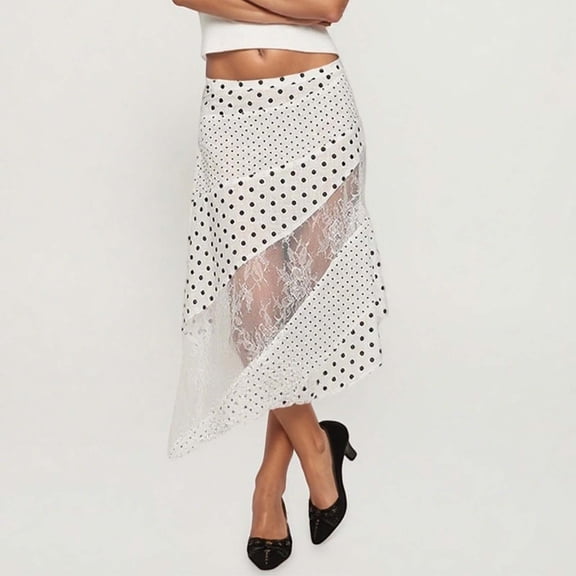 TIANZEN Women's Lace Asymmetrical Long Skirt With Polka Dots Flowy Boho Maxi Skirt For Casual Outing Wear Summer Bandage Skirt Skirts