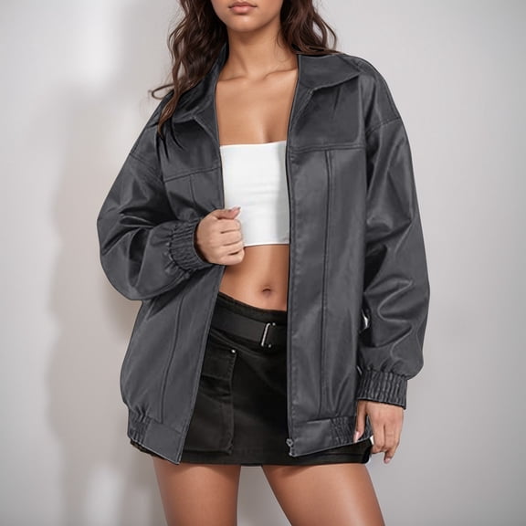 TIANZEN Women's Leather Jacket Long Sleeve Lapel Zipper Side Pocket Casual Trench Coat Rain Hoods for Women Womens Rain Jacket Snow Women Jacket