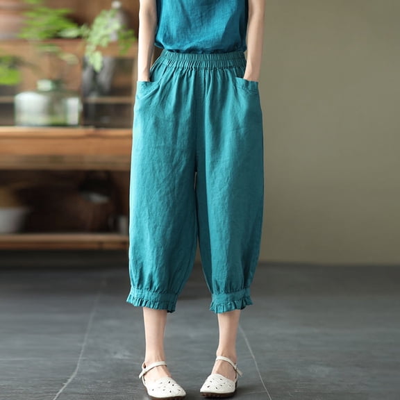 TIANZEN Women's Linen Harem Pants Slim Fit Solid Color 3/4 Length Casual Trousers With Lace Trim Women's Casual Pants Elastic Bottom Summer Pant Suits for Women Casual Leather Pants