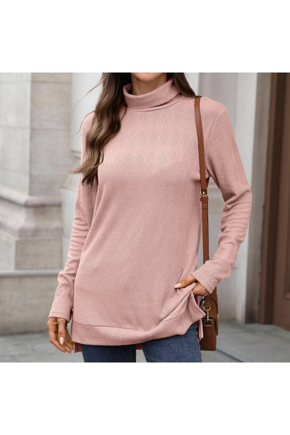 Women's Long Sleeve Turtleneck Knit T Shirt Loose Fit Casual Split Top For Daily Wear Comfortable Soft Stretch Basic Tee Women Tops