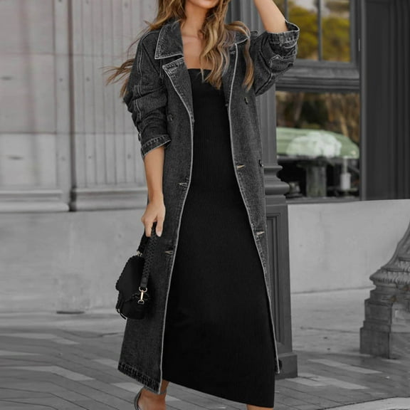 TIANZEN Women's Midi Long Jean Jacket Loose Fit Jacket Trench Coat With Belt Womens Jacket Fashion Women Coat Rain Jackets for Women Lightweight