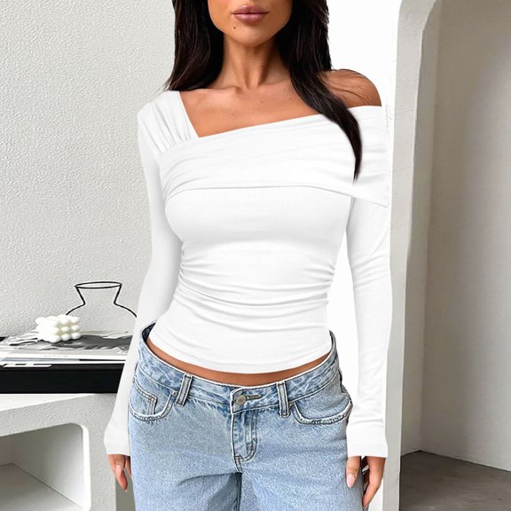 TIANZEN Women's One Shoulder Long Sleeve Top Pleated Going Out Top Slim Fit Shirt Cropped Top Mens Thermal Underwear Set Polyester Thermal Underwear Thermal Underwear Tops for Women Cold Weather