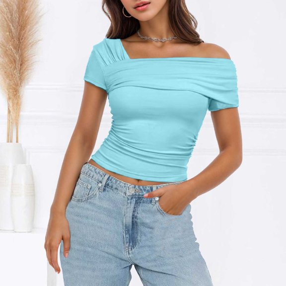 TIANZEN Women's One Shoulder Short Sleeve Top Pleated Going Out Top Slim Fit Shirt Cropped Top Dark Shirt for Women Womens Foil Top Woman Lose Shirt