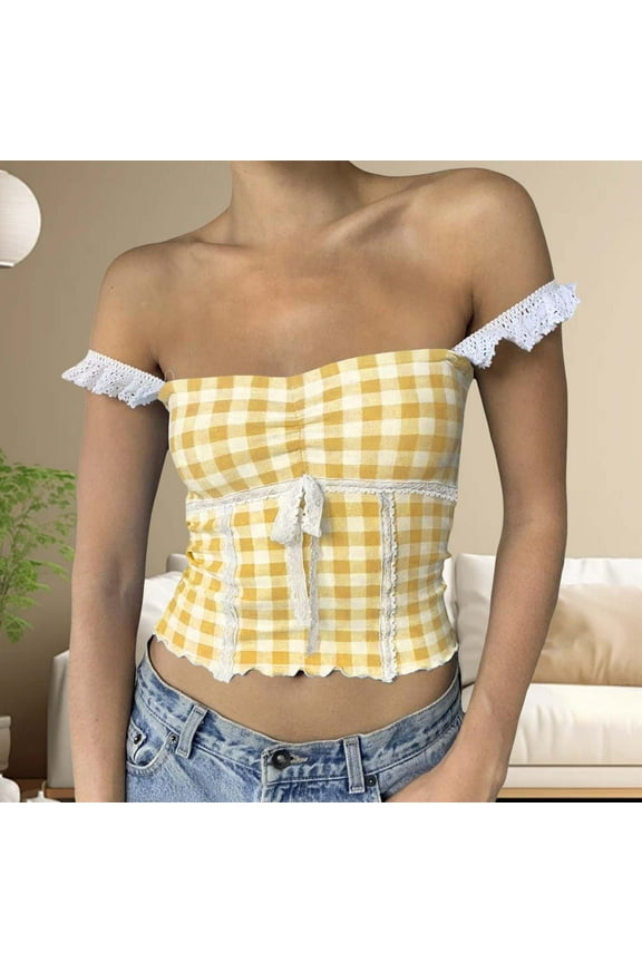 Women's Plaid Crop Top Square Neck Lace Trim Gingham Tank Top Spaghetti Strap Shirt Going Out Corset Tops Bandage Top for Women 4x Womens Tops 3xl Tops for Women