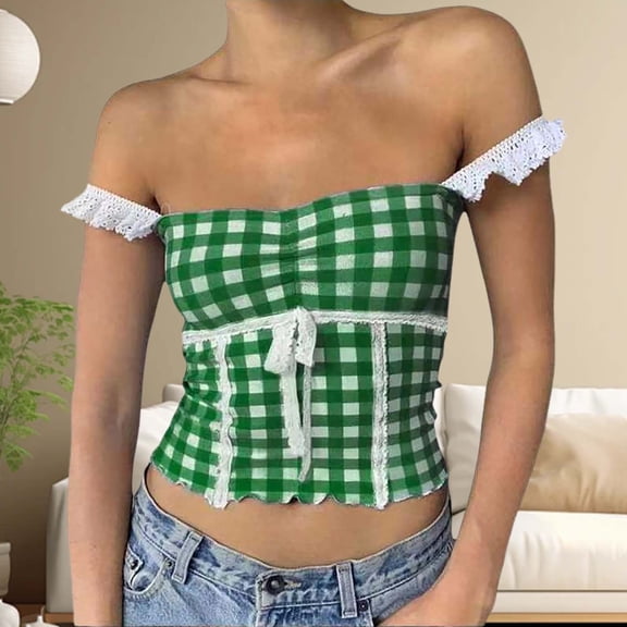TIANZEN Women's Plaid Crop Top Square Neck Lace Trim Gingham Tank Top Spaghetti Strap Shirt Going Out Corset Tops Bandage Top for Women 4x Womens Tops 3xl Tops for Women