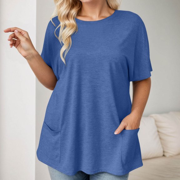TIANZEN Women's Plus Size Fashionable Casual Shirt With A Round Neck Waist Solid Color Loose And Pocket Sized Top Business for Women plus Size Summer Tops plus Size Extra Long Tops for Women